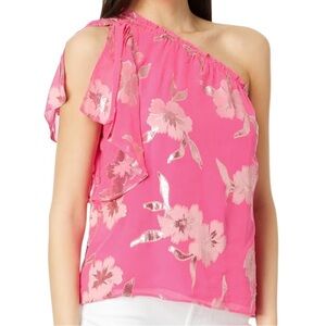 Lilly Pulitzer Sarahleigh One Shoulder Roxie Pink Anniversary Silk Top Size XS